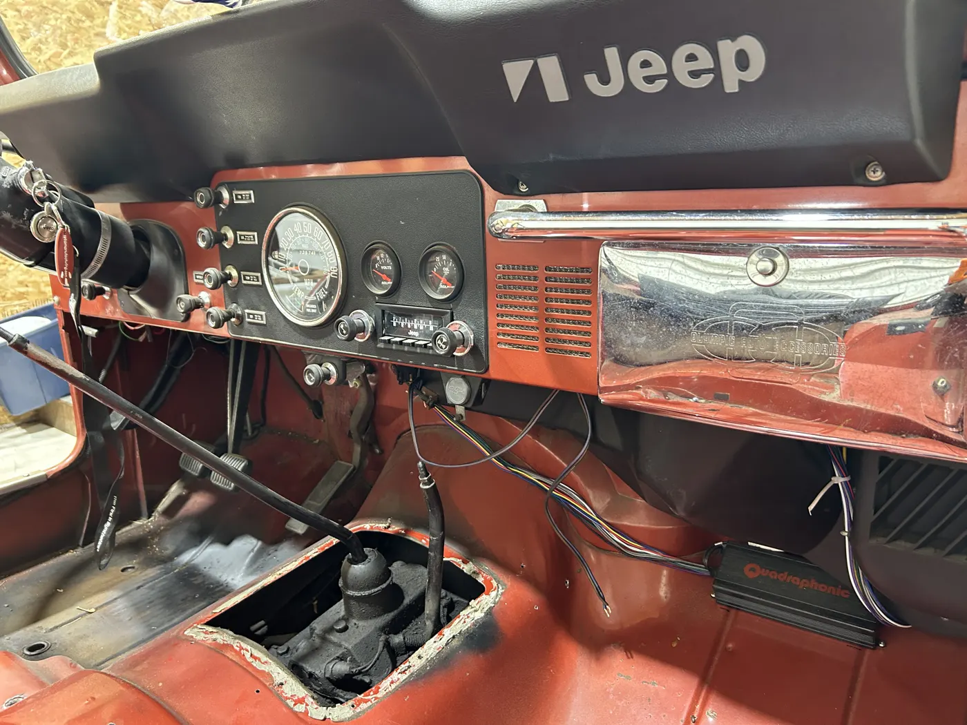 CJ5 dash with Jeep lettering and gauges