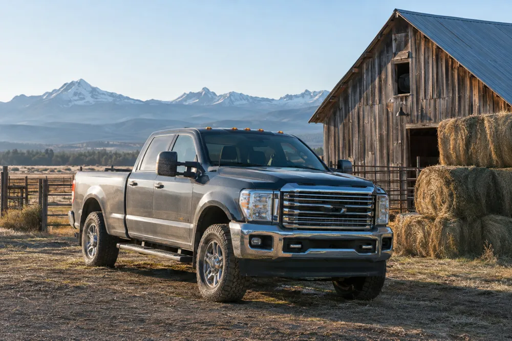 Diesel ranch truck parked by a barn